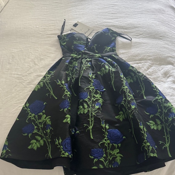 Mac Duggal Black Midi Dress with Blue and Green Floral Design